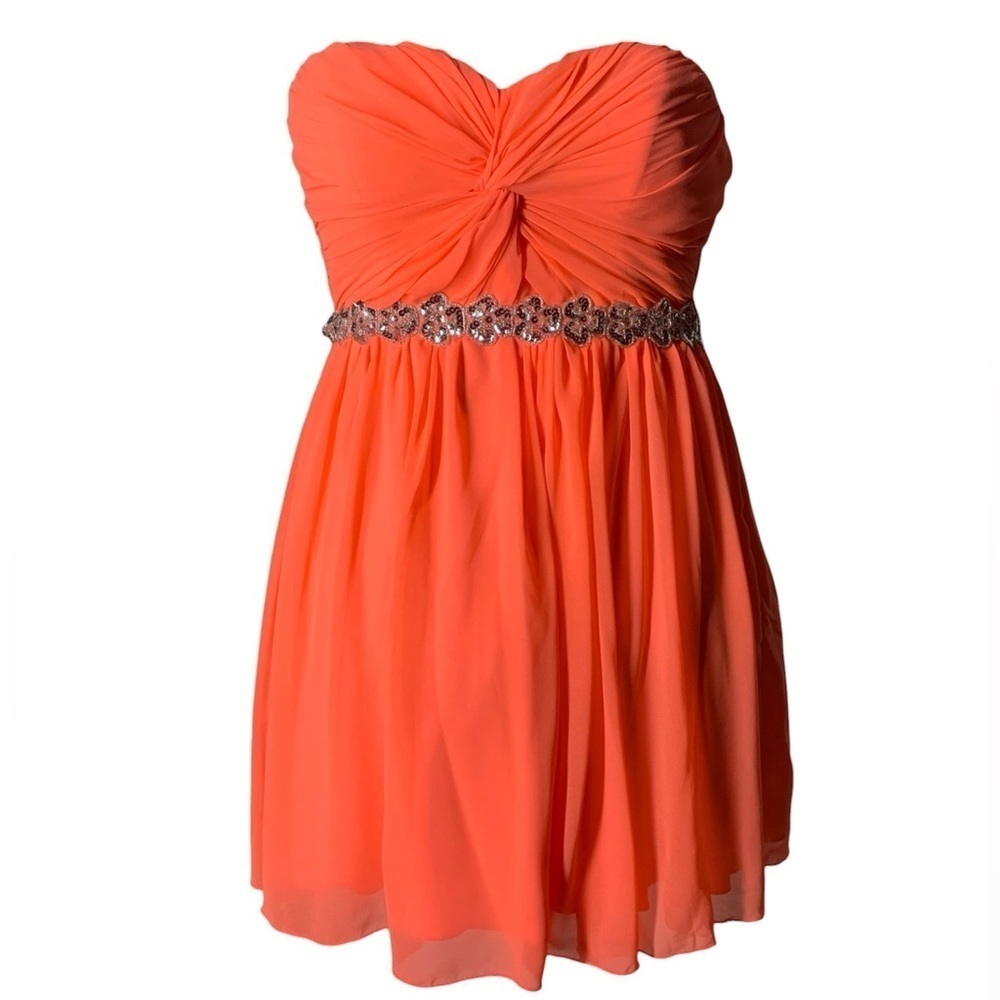 bright orange promdress with silver beads belt dress heartshaped top sheer layer